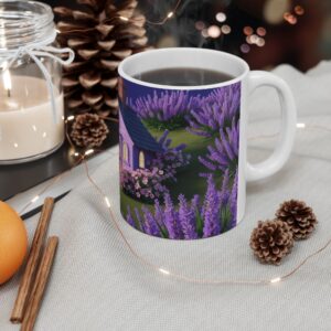 Whimsical Lavender Cottage Ceramic Mug, Charming Gift for Garden Lovers, Cozy Home Decor, Tea Coffee Lover's Delight, Floral Art Drinkware