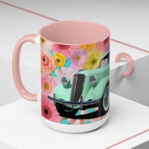 Vintage Car Floral Accent Mug, Retro Coffee Cup, Car Lover Gift, Floral Design Mug, Unique Home Decor, Birthday Gift