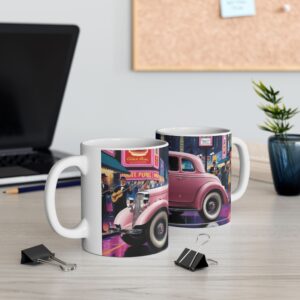 Retro Rockabilly Pink Car Mug - Vintage Coffee Cup, Cute Gift for Car Lovers, 50s Style Decor, Fun Kitchenware, Morning Coffee