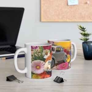 Vintage Car Floral Ceramic Mug, Retro Mug, Coffee Cup, Gift for Car Lovers, Flower Decor, Bohemian Style