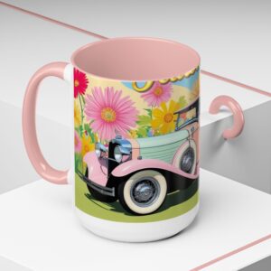 Vintage Floral Car Accent Coffee Mug, Retro Coffee Cup, Gift for Car Lovers, Floral Decor Mug, Birthday Gift, Summer Vibes